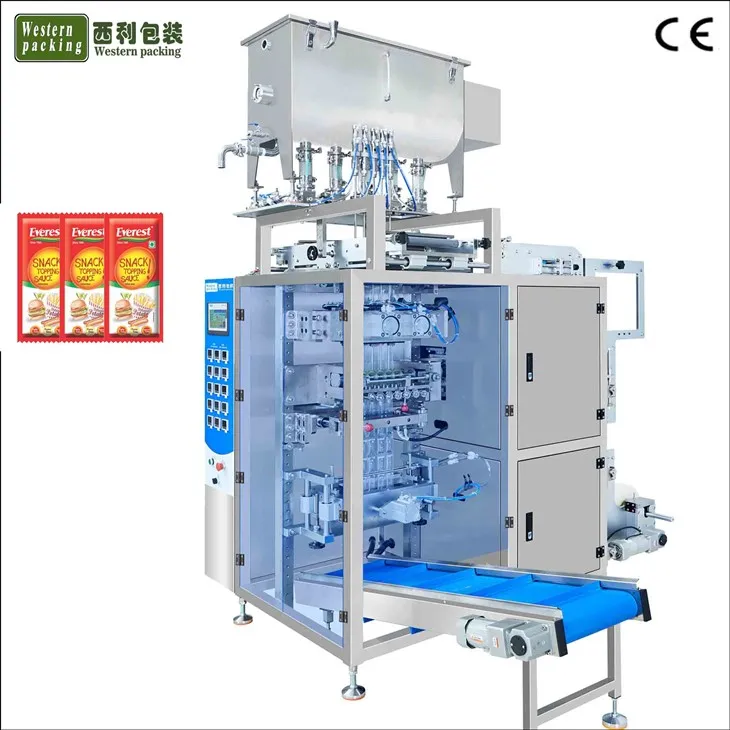 Mērces šķidrā paciņa vairāku celiņu iepakošanas mašīna